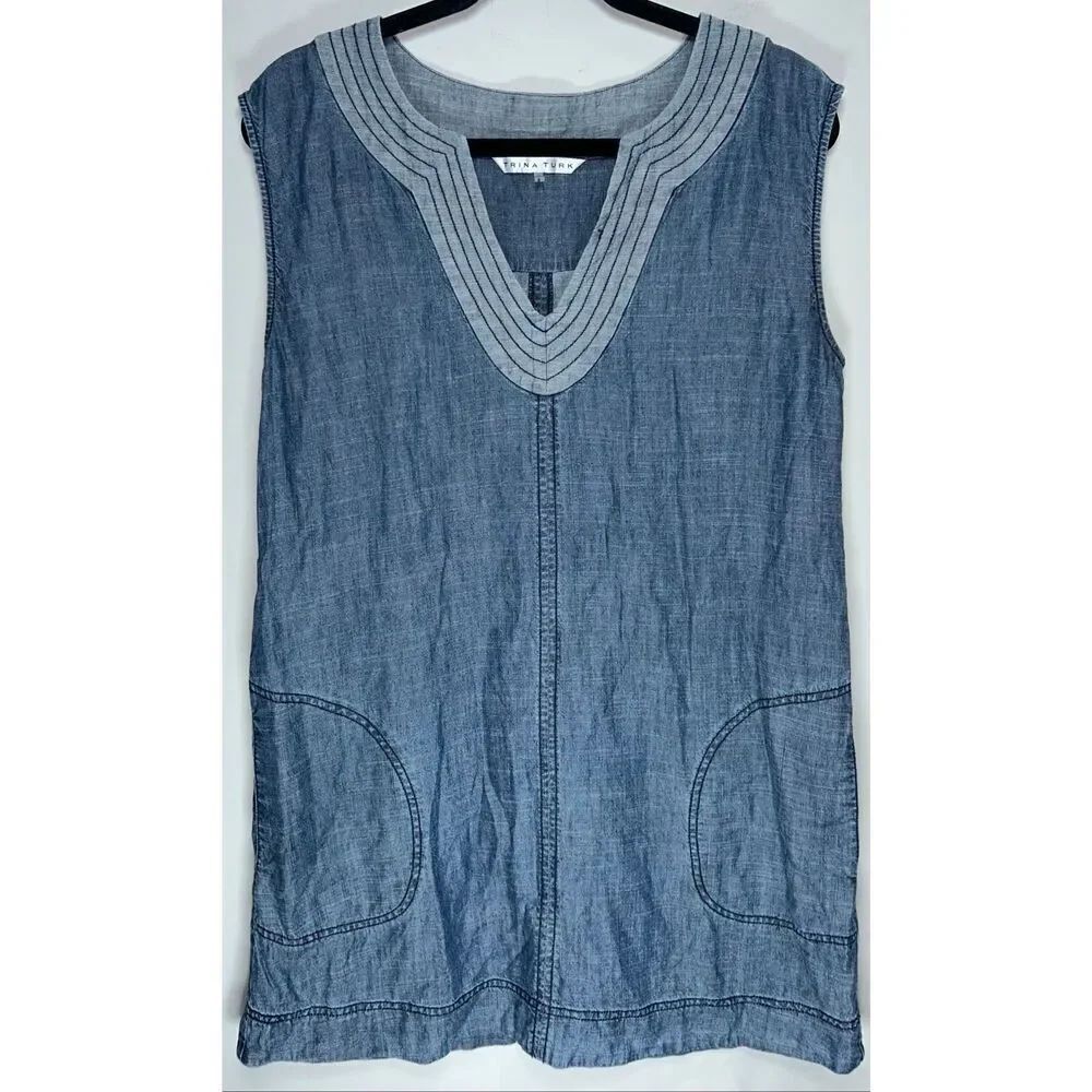 Trina Turk Shelby sleeveless denim shift dress in a linen blend size 10